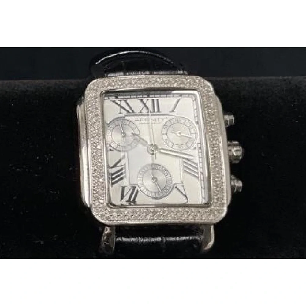 Affinity Silver Tone Square Chrono Style Watch Crystal Bezel Black Leather Strap